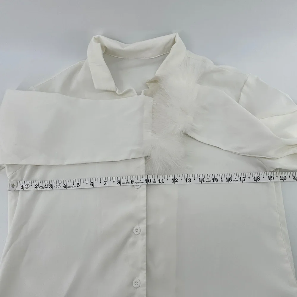 Womens White Faux‎ Feather Trim Pajama Sleep Shirt Button Down Sleepwear Top S
